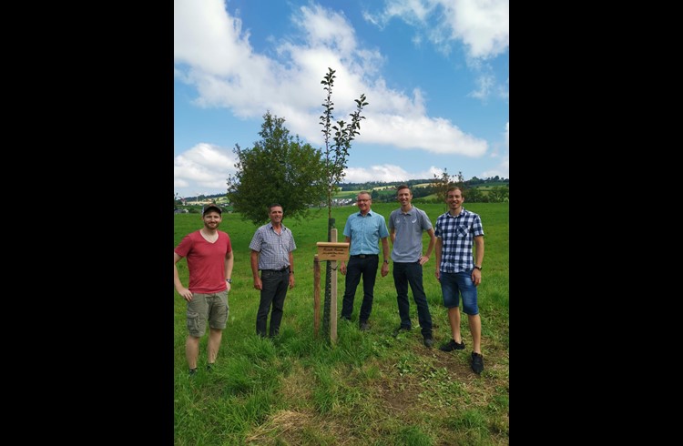 Einweihung mit den Initianten: (von rechts) Curdin Banzer, Dominik Grüter, Sepp Müller (Baumwärter), Sepp Grüter und Felix Graf. Foto zVg