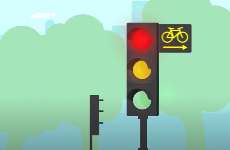 Rechtsabbiegen ist bei Rot für Fahrrad und Motorfahrrad ohne Vortritt gestattet, sofern die Lichtsignalanlage mit einer Zusatztafel ausgestattet ist (gelbes Fahrrad). Foto Zentralschweizer Polizeikorps