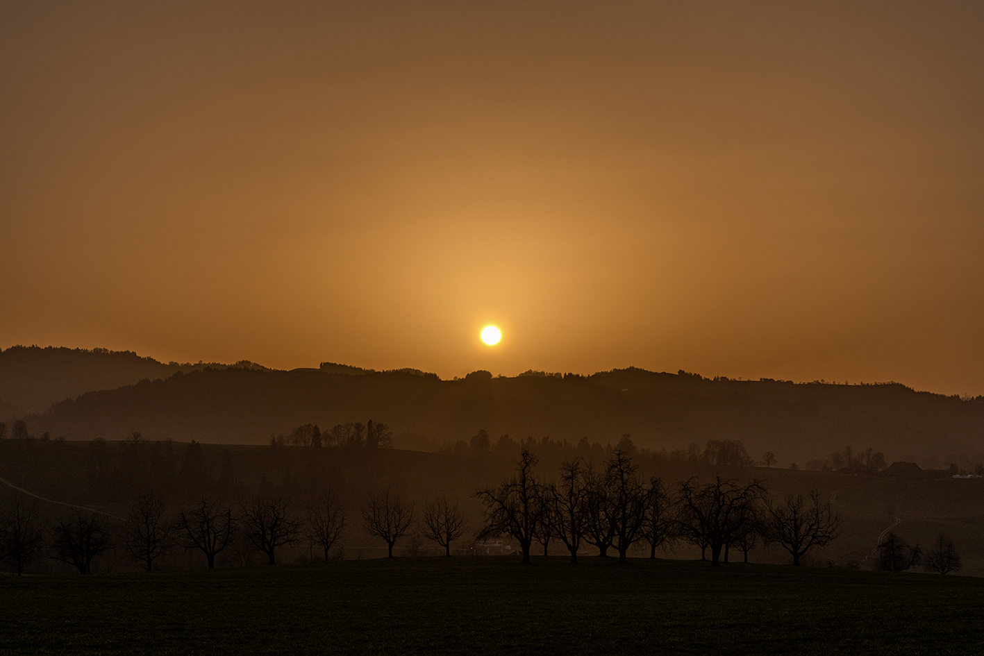 Sonnenuntergang bei Saharastaub vom Schübelberg aus gesehen (aufgenommen am 24. Februar 2021)   | Stefan Dubach, Ruswil 