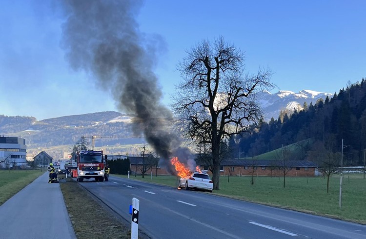 Ein Personenwagen geriet auf der Kantonsstrasse in Schachen in Brand. Foto Luzerner Polizei