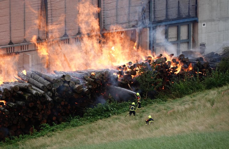 Mittwoch-Morgen 7.15 Uhr:  Die Halle im Hintergrund ist komplett abgebrannt, das Dach eingestürzt. Die Feuerwehren aus Menznau, Wolhusen und Willisau löschen die Brandherde beim Rundholz. Foto Roland Meyer