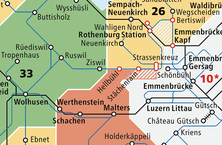Hellbühl liegt ab Dezember sowohl in Zone 23 wie auch in Zone 26. Damit werden Fahrten nach Neuenkirch günstiger. Zonenplan Passepartout