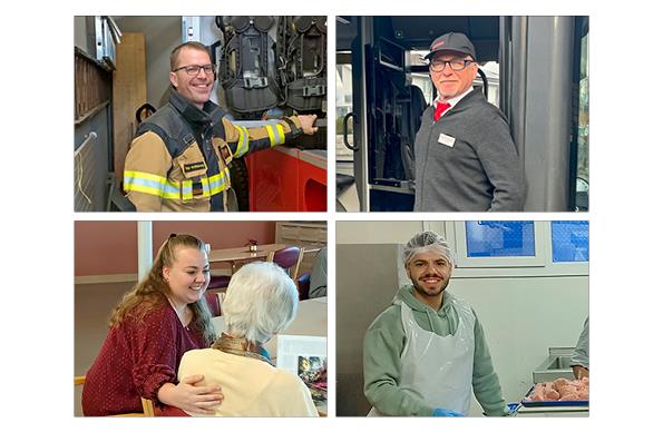Sie arbeiten über die Festtage: Philipp Wolfisberg, Feuerwehrkommandant; Gian Reto Affentranger, 
Bus-Chauffeur; Patrizia Schuler, Teamleiterin Demenzabteilung und Michael Zemp, Metzger. Fotos Martina Müller/Stefan Schmid