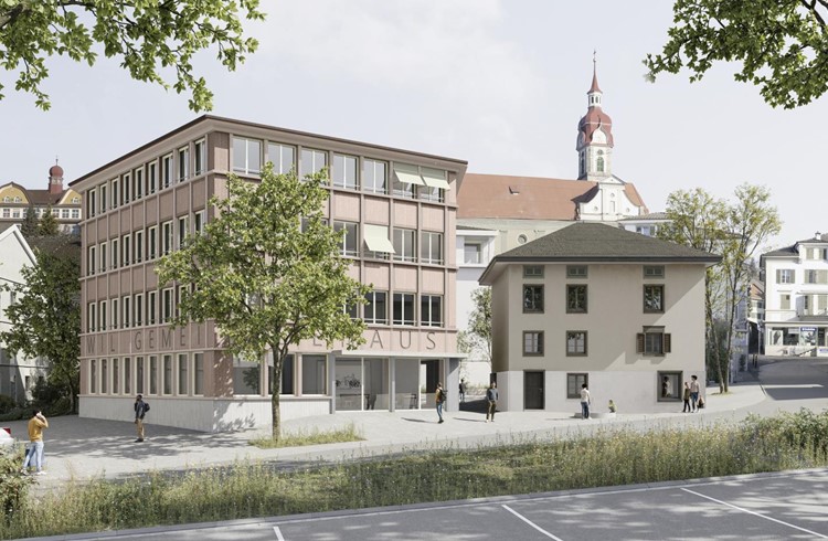 So könnte das neue Gemeindehaus von vorne aussehen. Visualisierung studio blomen So könnte das neue Gemeindehaus von vorne aussehen. Visualisierung studio blomen