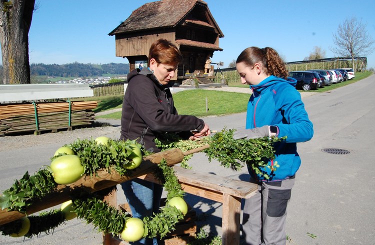 Teamarbeit ist beim Palmen binden gefragt: Tanja Meyer (links) und Eline Fischer. Foto Willi Rölli Teamarbeit ist beim Palmen binden gefragt: Tanja Meyer (links) und Eline Fischer. Foto Willi Rölli