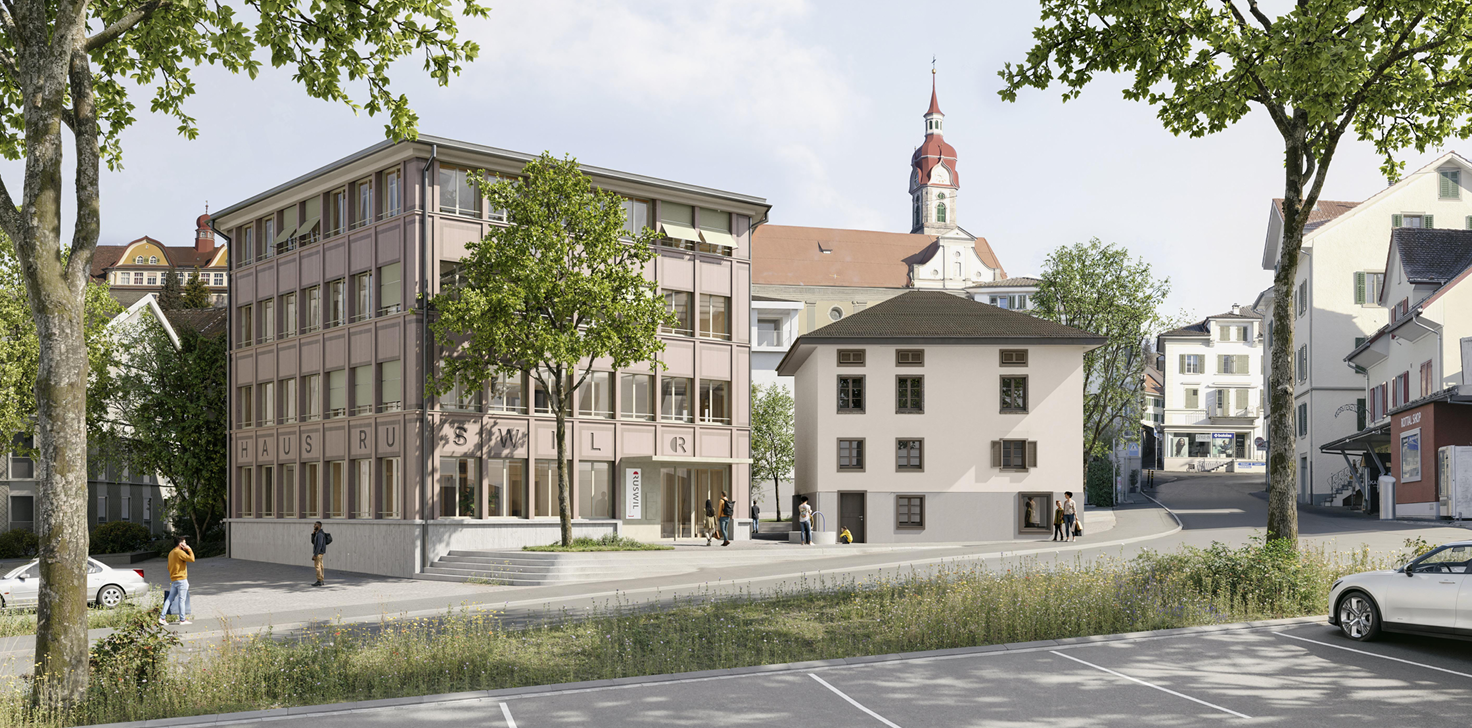 So soll das neue Gemeindehaus aussehen. Rechts daneben das Gebäude der alten Farb. Visualisierung studio blomen